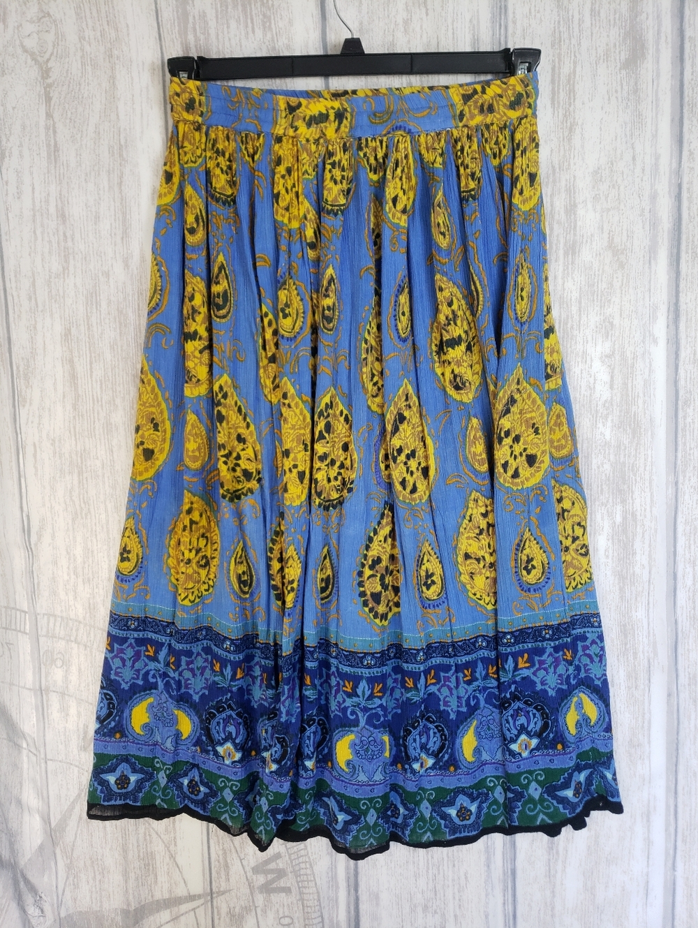 Bohemian-style Vibrant Yellow & Blue Paisley Broomstick Maxi Skirt One Size C31